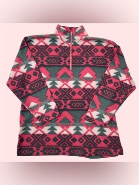 Vintage 90s Lockershop Activewear 1/4 Fleece Aztec AOP Fleece Pullover Medium